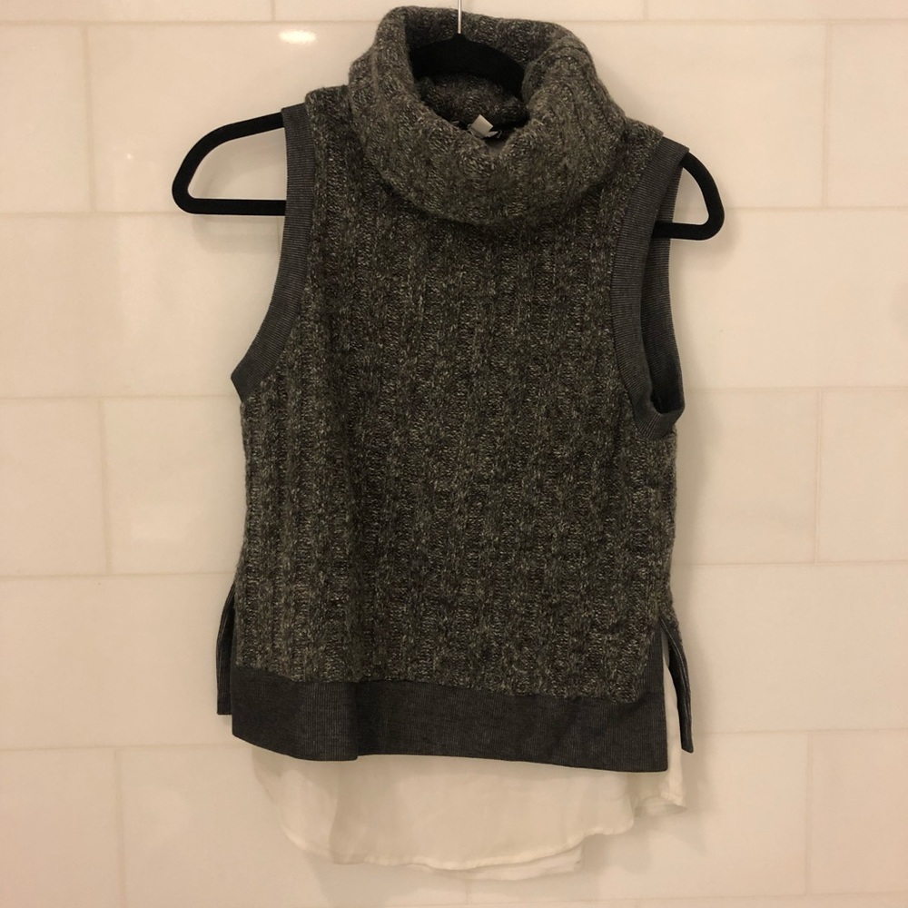 Sleeveless knit cowl neck w/ white silk top under